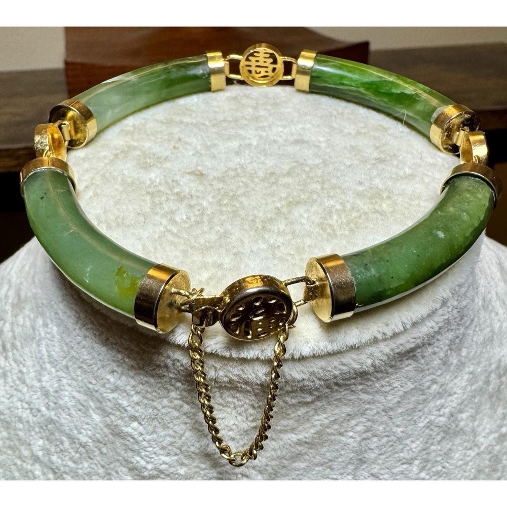 VTG 80s Gold Plated Green Nephrite Jade Jadite Hinged Bracelet 7" Asian Panel